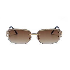Brown Tint Gold Frame Rimless Diamond Cut Carved Lens Designer Luxury Sunglasses